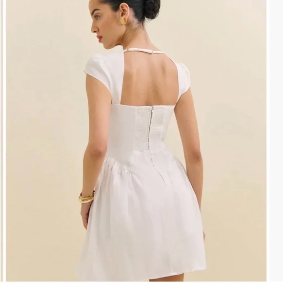 Reformation Oaklyn Linen Basque Waist Mini Dress white, SIZE 12 - Picture 3 of 8